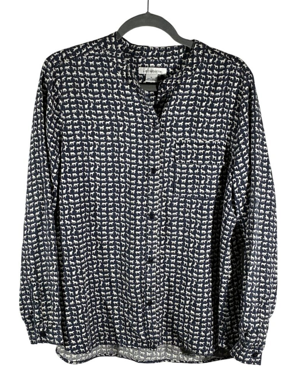 Liz Claiborne horse novelty Print Button-Front Blouse Size L 100% Lyocell